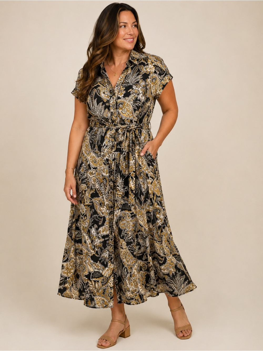 Sandra Darren • NWOT Paisley Button-Front Midi Dress with Tie Waist PTP 20”